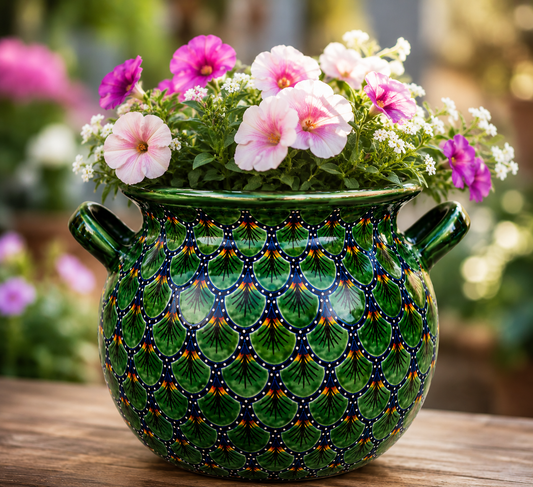Handcrafted Green Talavera Ceramic Planter Pot with Handles