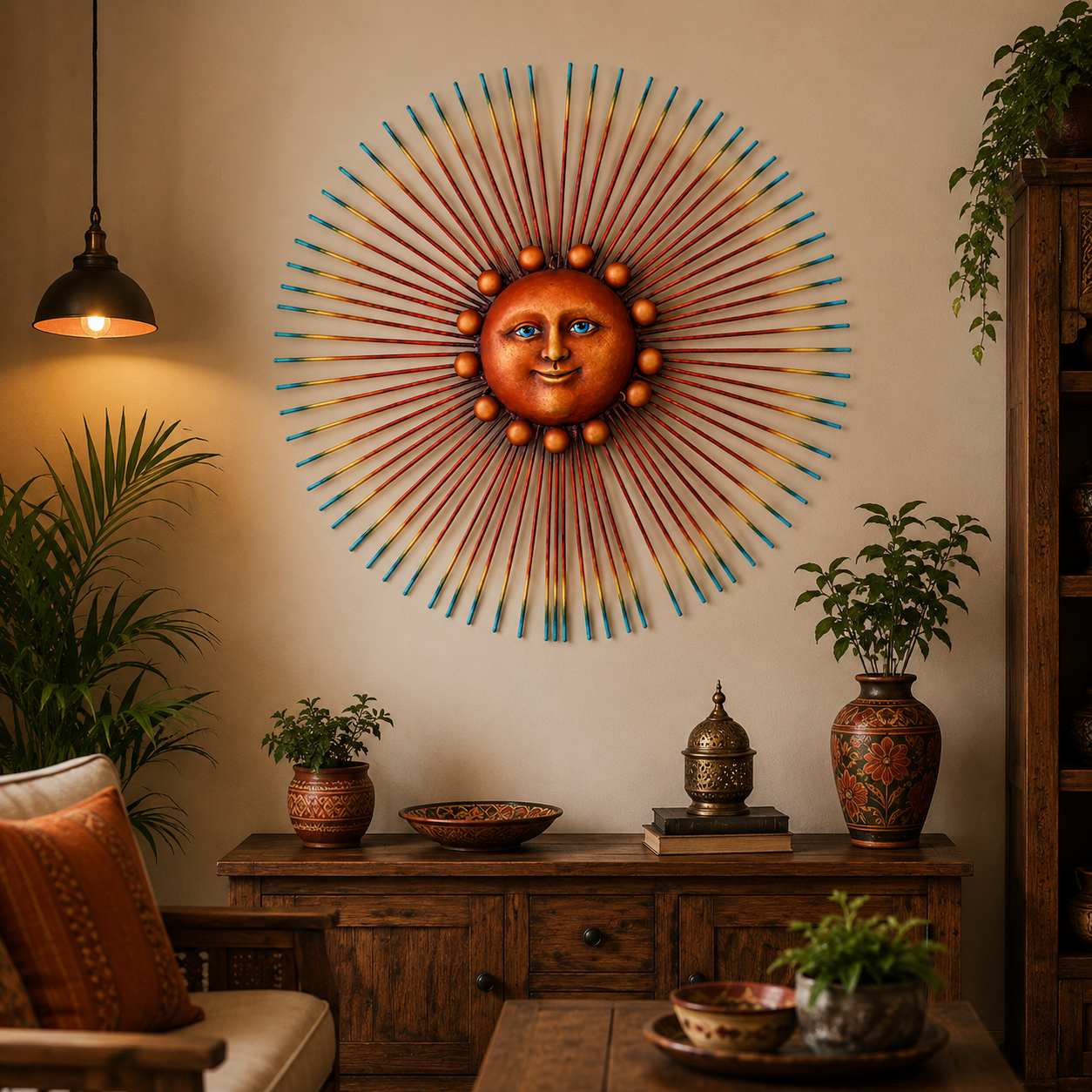 Handcrafted Metal Sunburst Wall Art with Celestial Face Design