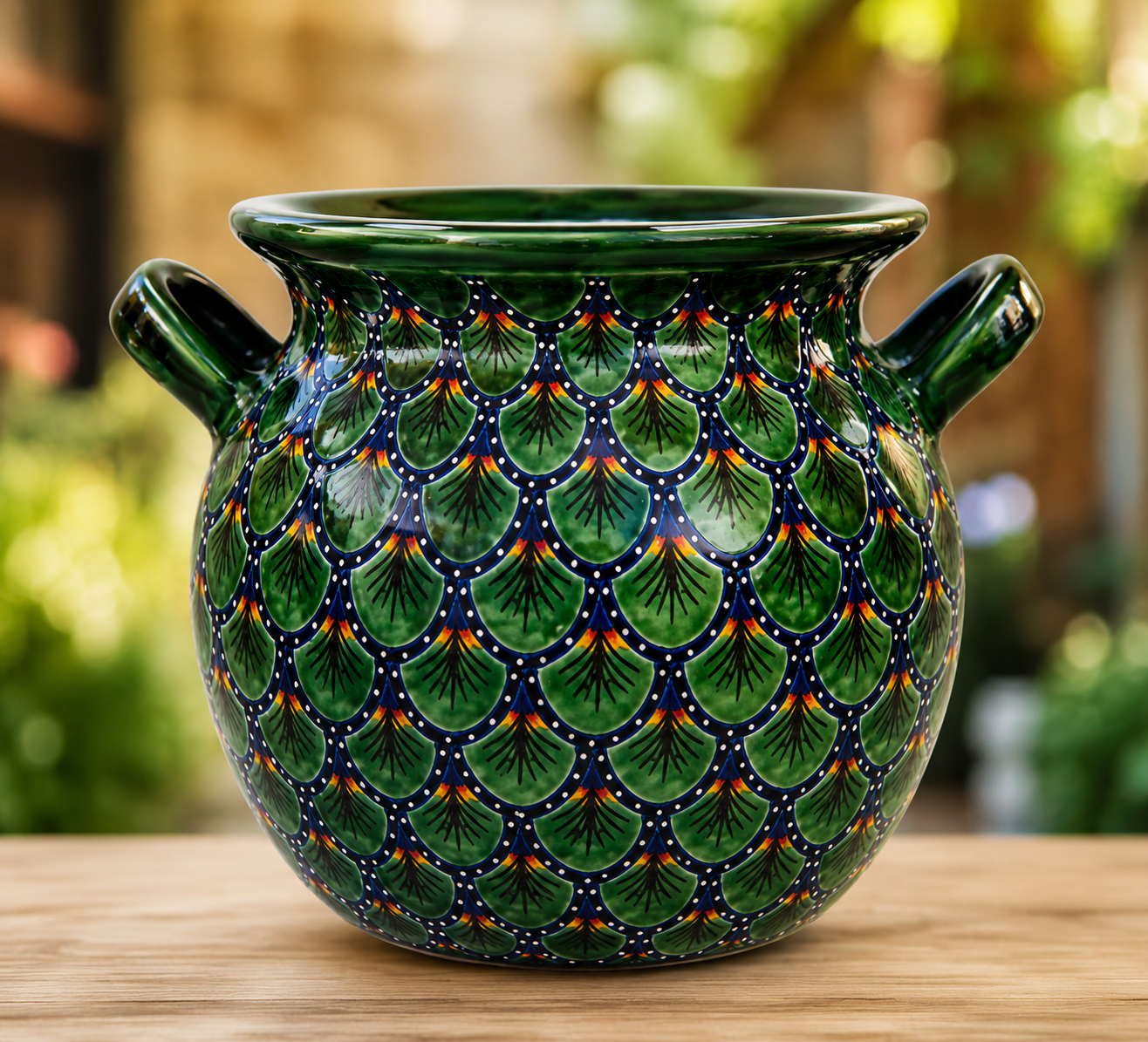 Handcrafted Green Talavera Ceramic Planter Pot with Handles