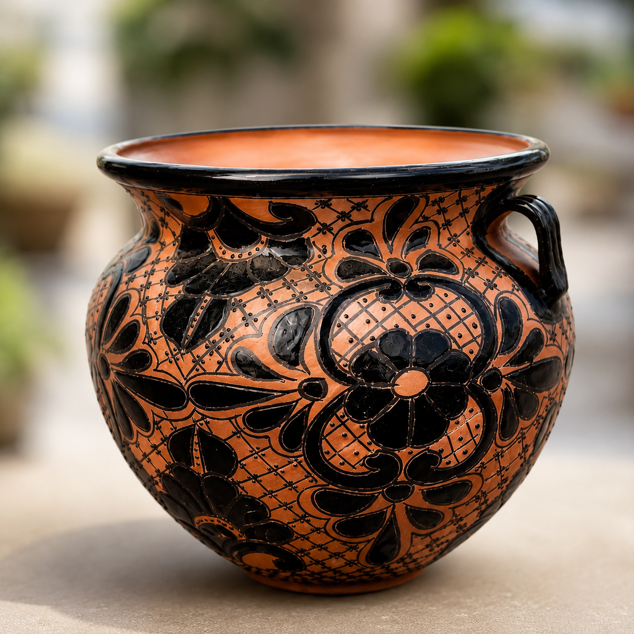 Handcrafted Mexican Ceramic Planter – Terracotta with Black Floral Design