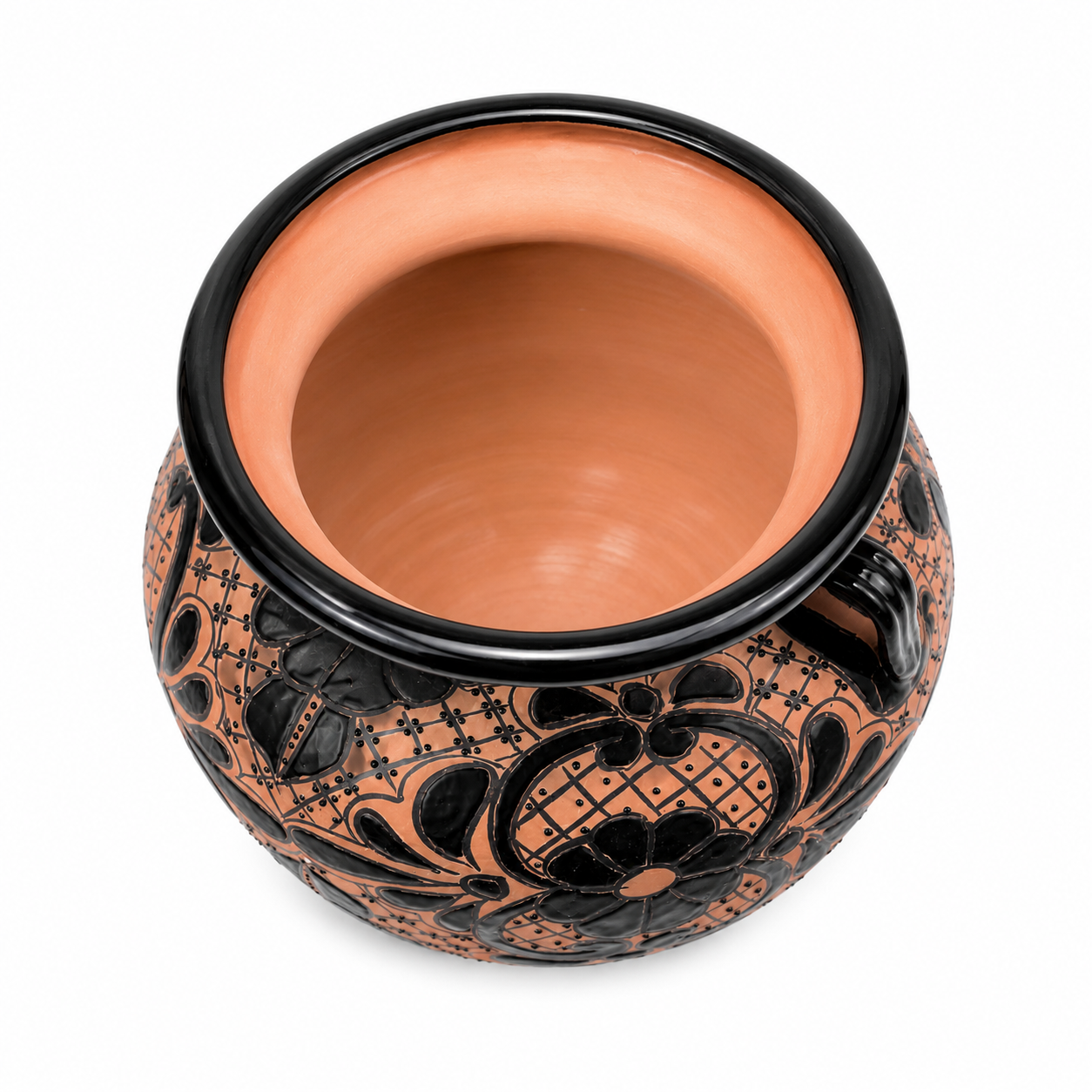 Handcrafted Mexican Ceramic Planter – Terracotta with Black Floral Design