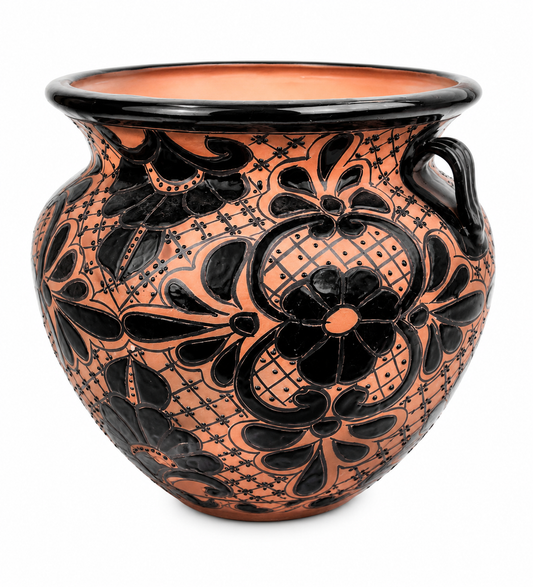 Handcrafted Mexican Ceramic Planter – Terracotta with Black Floral Design