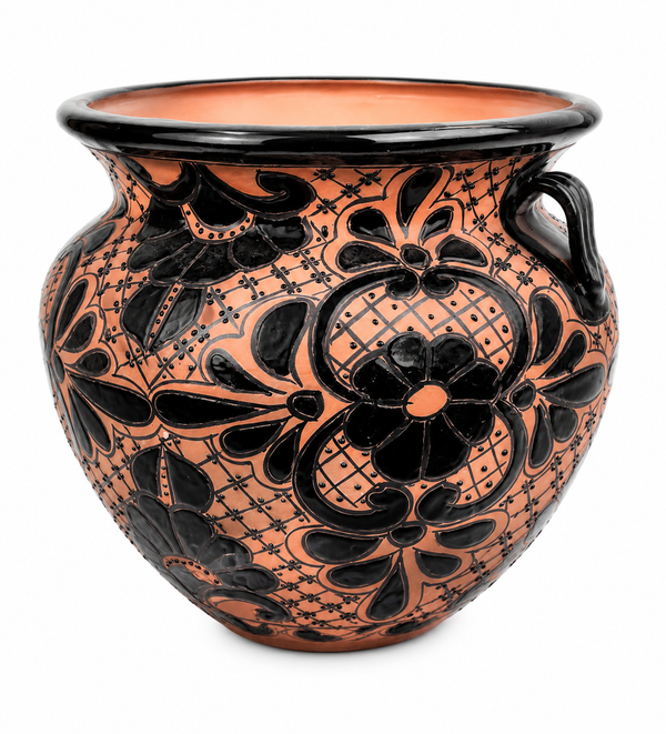 Handcrafted Mexican Ceramic Planter – Terracotta with Black Floral Design