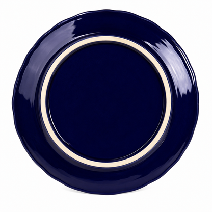 Navy blue plate with a white rim on a white background