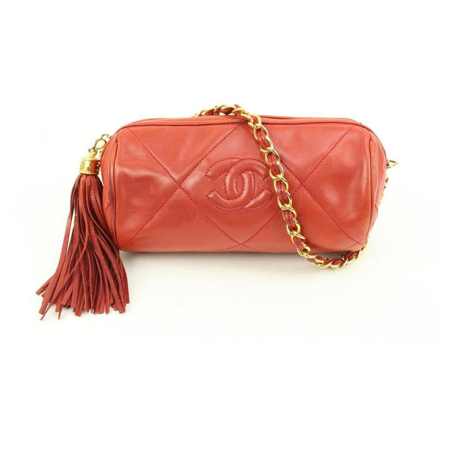 Chanel sac à bandoulière rond rouge matelassé à franges et pompons
