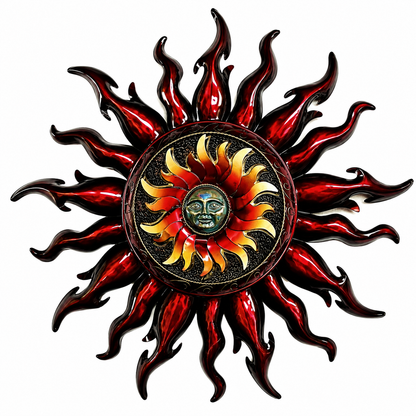 Decorative sun wall art with a face in the center on a white background