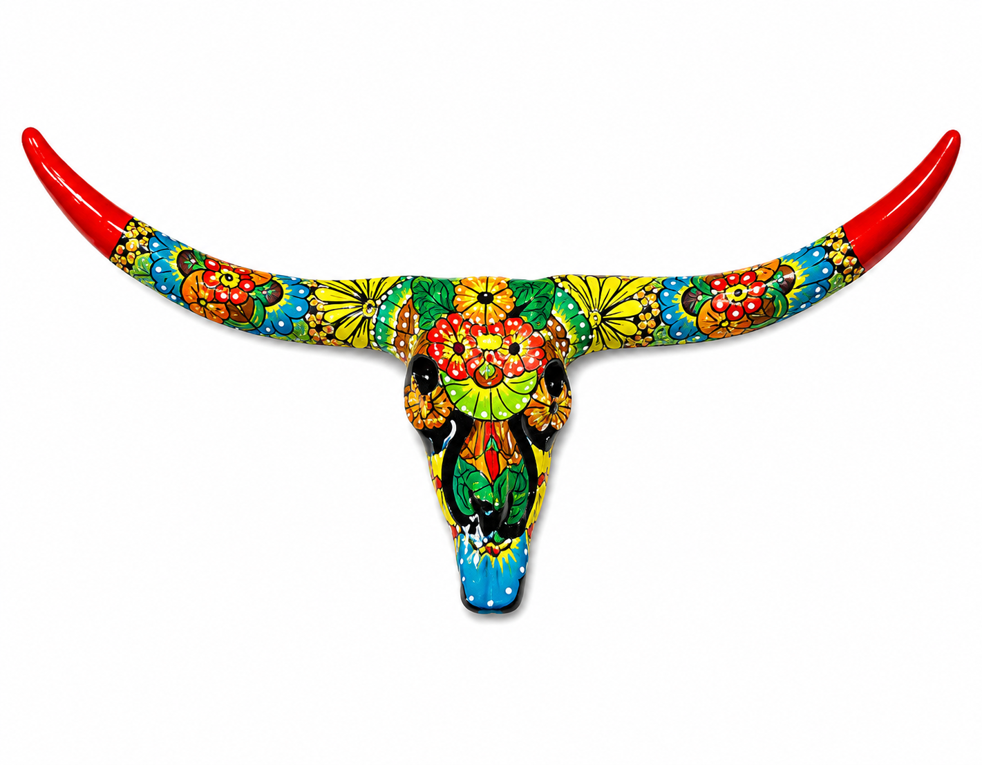 Colorful bull skull with long red horns on a white background
