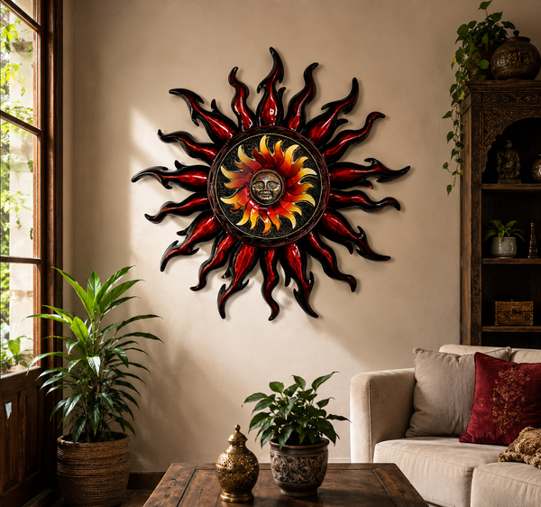 Decorative sun wall art in a living room setting with plants and a couch.